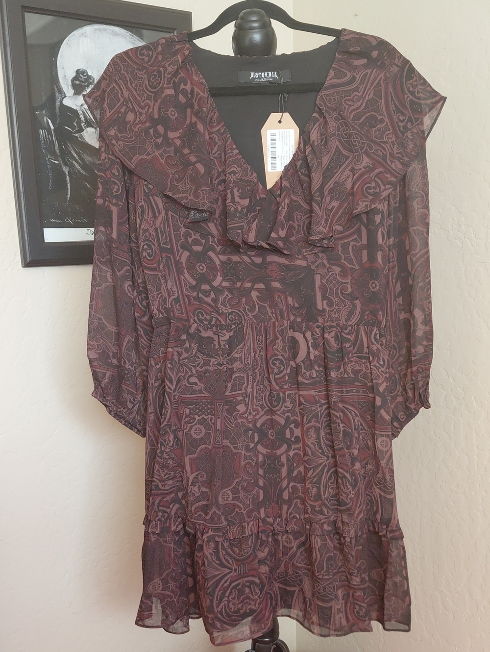 DISTURBIA US16/UK 20 Book Of Spell Paisley Ruffle-Neck tie Back Mini Dress